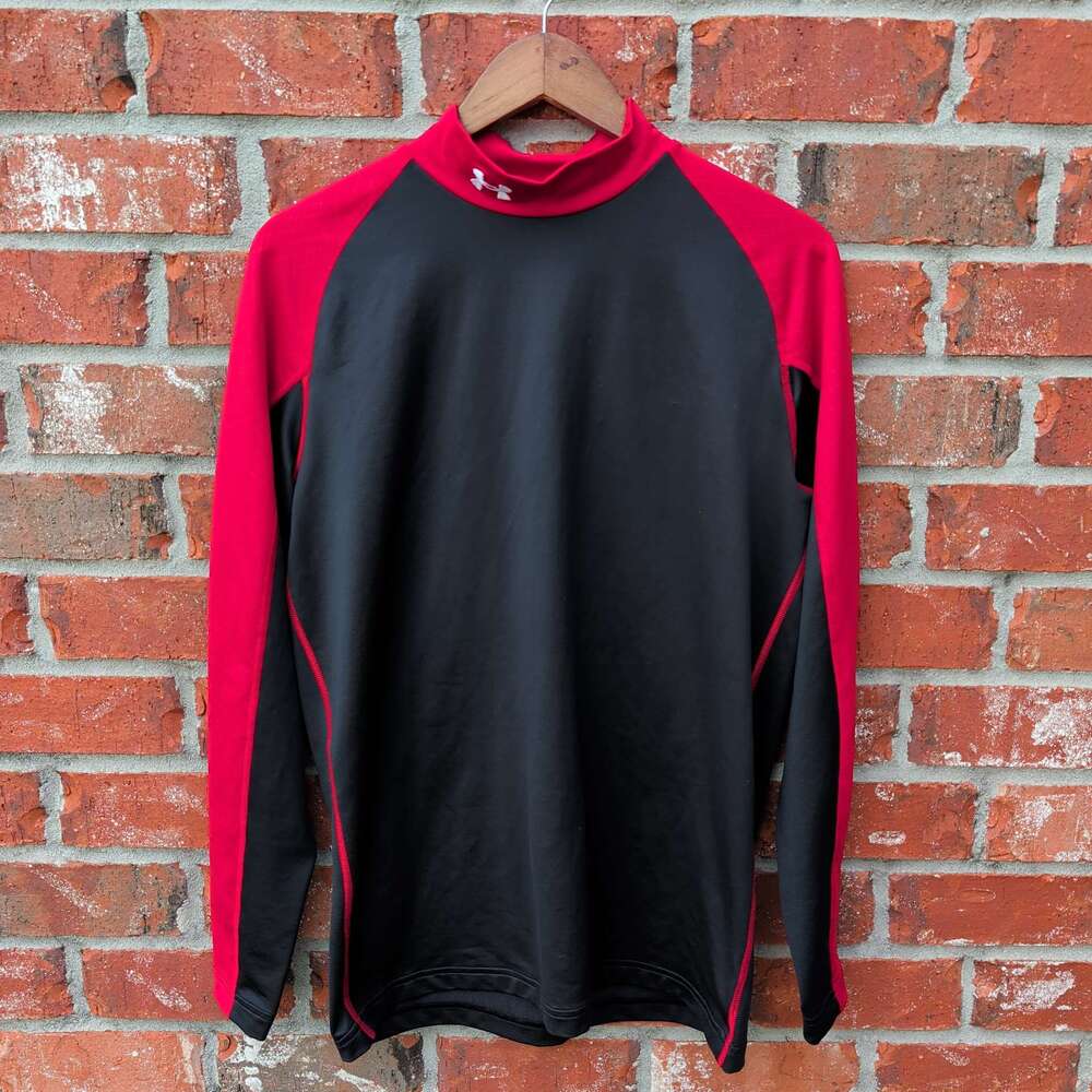 Under Armour ColdGear Fitted Mock Neck Mens L Black Red Compression Shirt